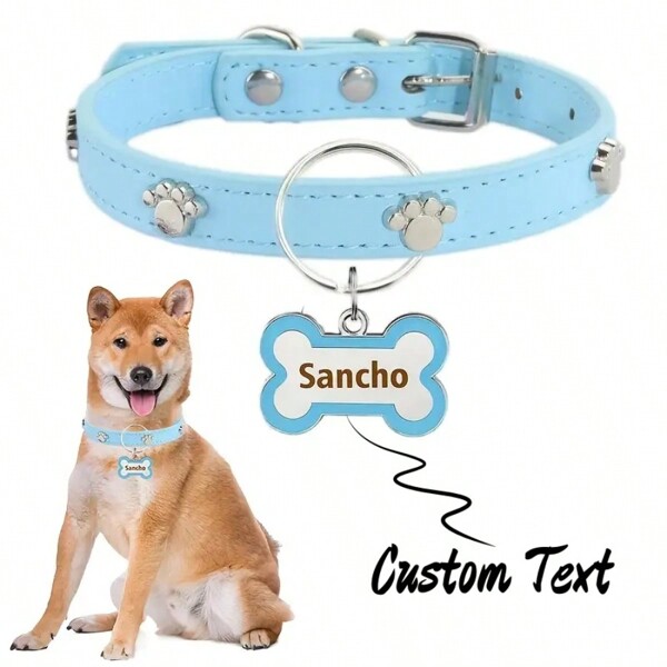 Collare in pelle personalizzato per cani con targhetta a forma di osso, con nome dell'animale domestico e numero di telefono inciso su entrambi i lati, decorazione in metallo con impronta anti-smarrimento, accessorio di moda per cani e gatti, regalo ideale per animali domestici piccoli e medi, ornamentale, inciso, in acciaio inossidabile, elegante, alla moda, colorato, vintage, carino, compatto, simpatico, personalizzato, unico, personalizzato, per anniversari, per compleanni