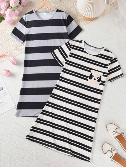 2 件套青少年女童卡通条纹小狗印花短袖连衣裙套装，春夏秋季儿童服装
