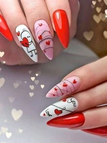 情人节指甲 3D 情人节指甲贴纸 2/4 件装可爱心形红唇卡通图案字母 DIY 浪漫自粘凝胶抛光贴花滑块美甲装饰女士和女孩礼物 - 彩色 - 查看 9