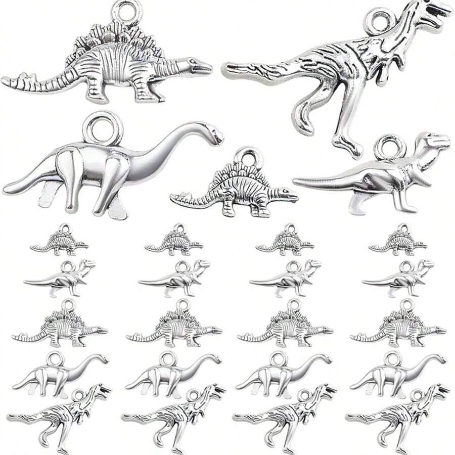 50/100pcs Vintage Silver Dinosaur Pendant Set - Alloy Animal Pendants, Suitable For DIY Jewelry, Necklace And Bracelet Making - Silver - View 1
