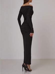 1pc Women Elegant Off Shoulder Long Sleeve Fitted Ruched Long Dress With Side Slit, Back To School For Autumn/Winter, Bardot Design For Christmas & New Year Eve Party Outfit Valentine's Day Party Dress