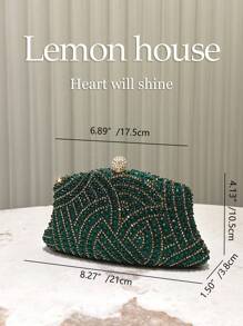 Embrague de noche con patrón ondulado cubierto totalmente de strass broche esférico con cristales cadena metal extraíble varios colores mujer boda gala graduación - Verde - Ver 3