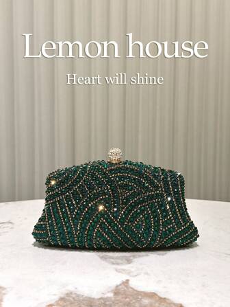 1pc Metallic Emerald Green Rhinestone Decorative Handbag With Chain Strap, Elegant Clutch Bag For Women, Suitable For Evening, Formal Party, Wedding, Banquet Valentines