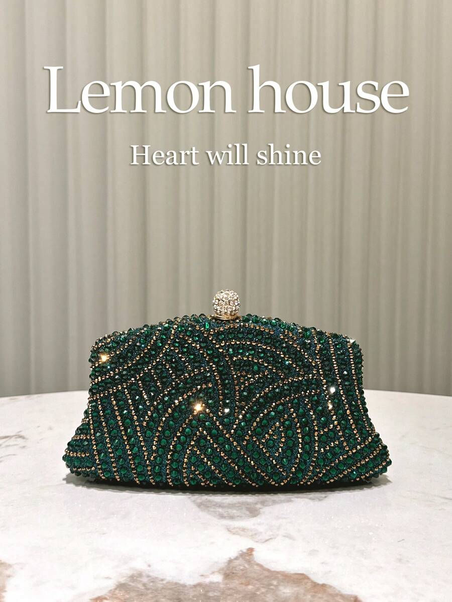 1 buah Tas Tangan Dekoratif Rhinestone Hijau Zamrud Metalik dengan Tali Rantai, Tas Clutch Elegan untuk Wanita, Cocok untuk Acara Malam, Pesta Formal, Pernikahan, Perjamuan, dan Hari Valentine