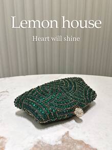 Embrague de noche con patrón ondulado cubierto totalmente de strass broche esférico con cristales cadena metal extraíble varios colores mujer boda gala graduación - Verde - Ver 5