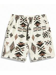 Pantalones cortos de playa casuales con estampado geométrico para hombres, adecuados para la , uso diario en primavera y verano, también apropiados para la escuela, estilo hawaiano - Blanco - Ver 2