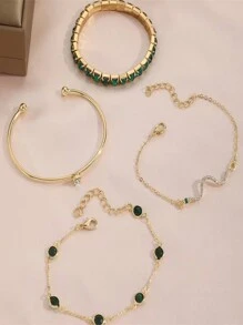 4 件套时尚水钻和人造宝石手链，闪亮蛇链手链，带随机数量的绿色水晶 - 彩色 - 查看 3