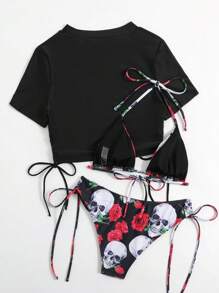 Conjunto de bikini con sujetador triangular y camiseta corta con estampado de esqueleto de rosas - Rojo - Ver 5