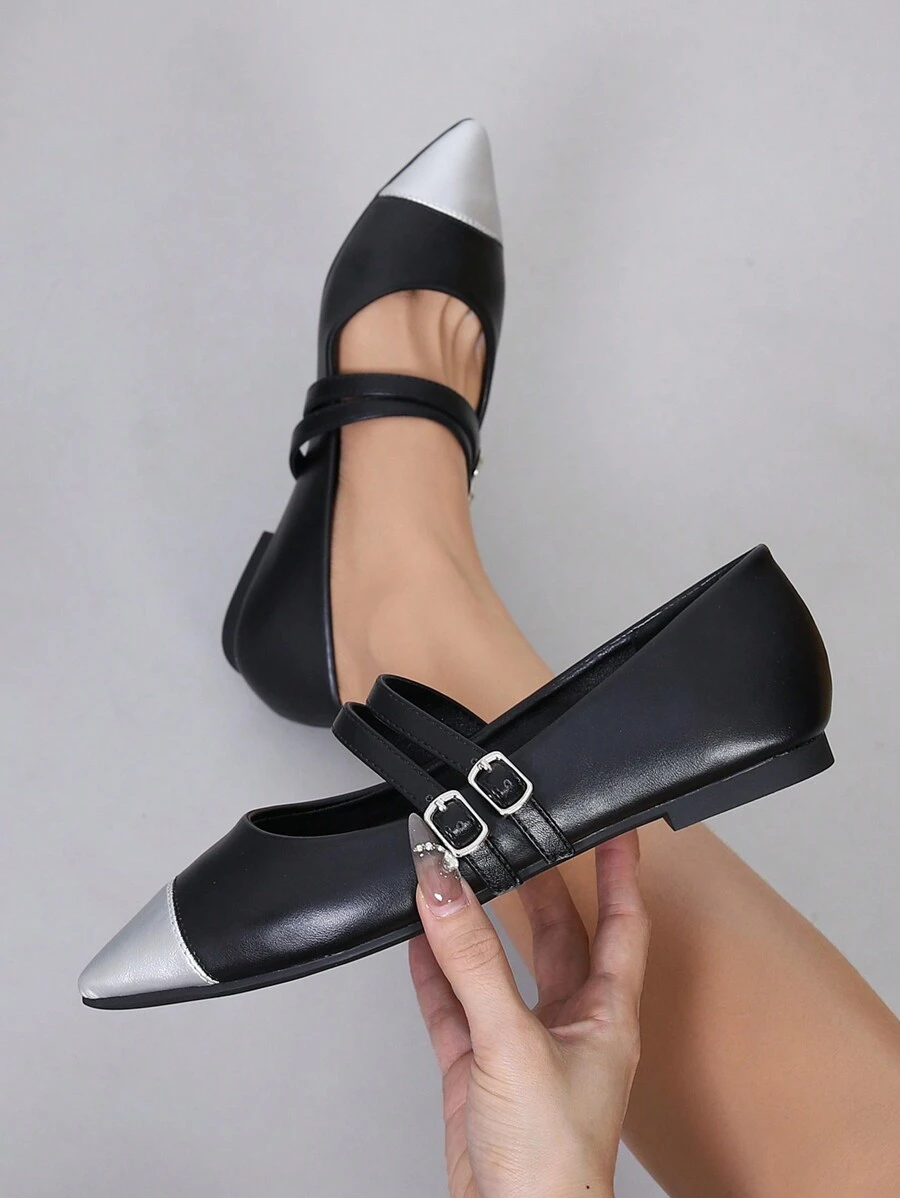 Ladies Flat Pointed Toe Patchwork Shoes, Comfortable & Elegant - Black - View 1