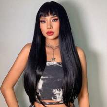 Straight Human Hair Wigs With Bangs For Women Full Machine Made Wigs 14-26 Inches Brazilian Virgin Human Hair Straight Wigs Natural Black Color 180% Density