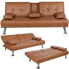 Renwick LuxuryGoods Modern Faux Leather Futon With Cupholders And Pillows, Brown - 棕色 - 查看 9