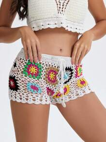 Women's Summer Knit Crochet Shorts Casual Hollow Out Elastic Waist Drawstring Short Pants Shorts - trắng - Xem 8