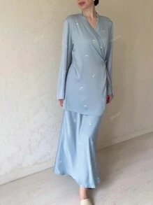 2pcs Set Elegant Women's Fashion Personalized Long Sleeve Retro Printed Satin V-Neck Dress Suit, Retro Top & Skirt