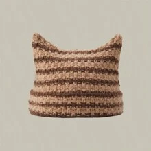 1pc Women's Hat Spring And Autumn Cute Fox Ears Striped Knitted Hat Children's Warm Ear Protection Knitted Hat Suitable For Outdoor Wear - Multicolor - View 9