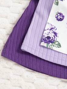 Baby Girls Floral Print Solid Color Ribbed Button Strap Dress 3pcs Set