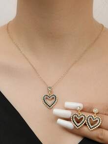 1 套时尚女士首饰：1 对耳环 + 1 条心形水晶设计的项链，适合休闲、派对和约会佩戴 - 金色 - 查看 1