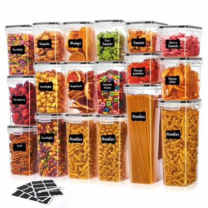 Asnews 30pcs Airtight Food Storage Container Set, Premium Plastic Canisters With Secure Seals For Spaghetti, Flour, Sugar & More, Includes Customizable Labels For Effortless Pantry Organization