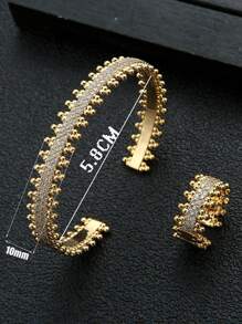 2 件套方晶锆石镶嵌个性化手镯和戒指首饰套装 - 彩色 - 查看 2