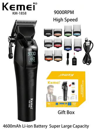 Kemei KM-1858 New DLC Blade High Speed 9000RPM Electric Hair Clipper Professional Barber Hair Cutting Machine With Light Usb Rechargeable Haircutter 4600mAh Large Capacity 10W Strong Power Hair Clipper High Quality Gift For Men
