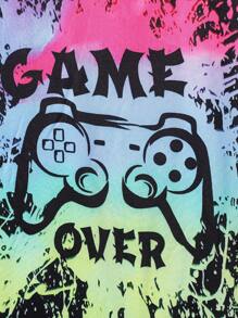 Boys Casual Silky Random Graffiti Gamepad Graphic Short Sleeve Top And Matching Side Design Shorts Set, Spring/Summer