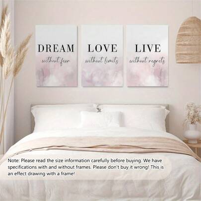 3 件/套带框架爱情卧室装饰梦想爱情生活名言海报印刷粉色紫色家居装饰家居墙壁艺术壁画印刷帆布海报带框帆布画 - 海报、墙壁艺术、房间装饰用品。情人节礼物