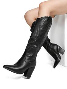Women's Western Fold Over Chunky Heel Knee High Boots With Removable Shaft Design Pointed-Toe Retro Embroidered Cowgirl Cowboy Boots - 黑色 - 查看 3