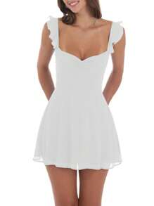 Women Summer Mini Dress Solid Color Sleeveless Open Back Ruched Bust Mesh A-Line Dress Short Dress Going Out Dresses Graduation Party Dress For Girls Streetwear - 白色 - 查看 1