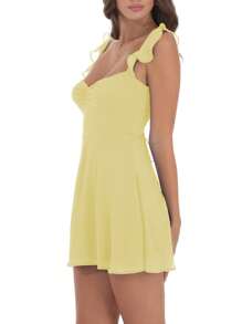 Women Summer Mini Cami Dress Solid Color Sleeveless Open Back Smocked Waist Mesh Dress For Spring Streetwear - Yellow - View 2