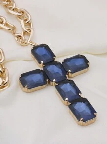 Retro Oversized Pearl Necklace With Big Glass Cross Pendant, Fashion Jewelry For Women, Christmas Gift