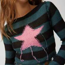 Women Knit Sweater Vintage Long Sleeve Crew Neck Star Pullover Crop Top Streetwear - Multicolor - View 5