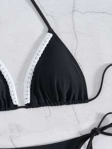 Women's Solid-Color Halter Tie Neck Swimwear Set Spaghetti Strap Bikini Bottom, For Summer Beach Vacation - Black and White - View 2