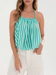 Women Halter Neck Tops Summer Striped Print Bandage Backless Shirts Vest - Green - View 3