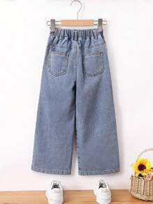 Cute Floral Print Girls Elastic Waist Wide Leg Jeans For Everyday Summer Spring Fall