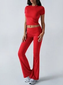 2 件套纯色短袖 T 恤和喇叭裤休闲运动服套装 - 紅色 - 查看 7