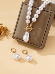 3 件套耳环 + 项链优雅珠宝套装由球形宝石制成，时尚龙虾扣设计，配人造珍珠、圣诞帽、心形，适合日常服装和派对配饰、圣诞节和情人节珠宝 - 金黃色 - 查看 3