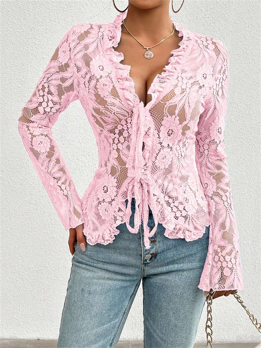 Women Lace Long Sleeve Tops Casual Sheer Basic Tie Front Shirt Blouses For Club Streetwear Aesthetic Clothes - 粉色 - 查看 1