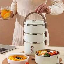 1 pieza Caja de almuerzo aislada multicapa con tapa y asa, fácil de limpiar, adecuada para la escuela, la oficina, el camping y las comidas al aire libre - Beis - Ver 8