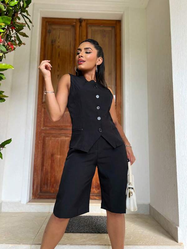 Conjunto feminina colete e bermuda tecido de luis twill