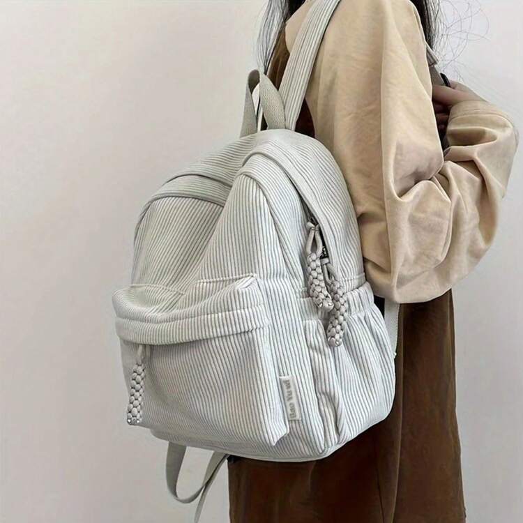 Women Corduroy Backpack Medium Fashion Casual College School Bag Girls Women Waterproof - Màu be - Xem 1