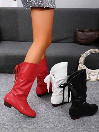 Women's Pleated Round Toe Lace-Up Chunky Heel Pleated Boots, Casual, Lightweight Slip-On Mid-Calf Boots, Suitable For All Seasons