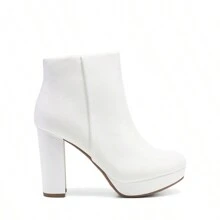 Women's Chunky Shaft High Heel Ankle Boots Round Toe With Side Zipper - White - View 6