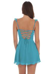 Women Summer Mini Cami Dress Solid Color Sleeveless Open Back Smocked Waist Mesh Dress - Chim công xanh - Xem 3