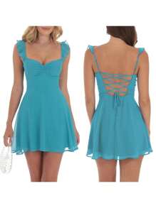Women Y2k Lace Trim Mini Dress Sleeveless Bow Tie Straps Ruffle Short Dress Summer Corset Sweet Skater Tank Dress - 薄荷藍 - 查看 4