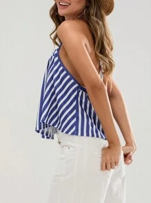 Women Halter Neck Tops Summer Striped Print Bandage Backless Shirts Vest - Blue - View 6