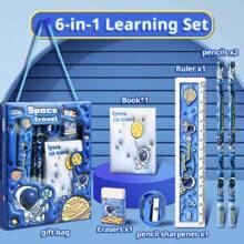 Juego De Papelería Escolar Dibujos Animados 3D Con Libreta Lápices - Azul - Ver 4