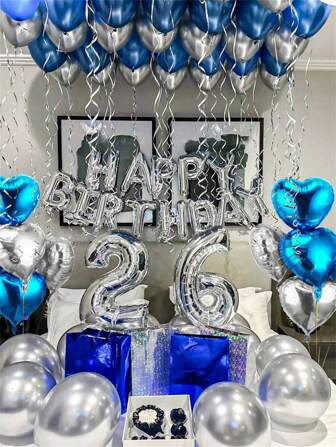 47/49件/套美式蓝色“生日快乐”铝箔气球套装，包含蓝色和银色心形气球，适合生日派对、家庭聚会背景装饰