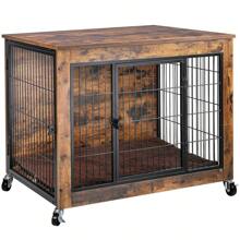 VITESSE Dog Crate Furniture With Cushion, 38 Inch Double Doors Wooden Dog Kennel Indoor With Wheels, Dog House Side End Table For Large Medium Dogs