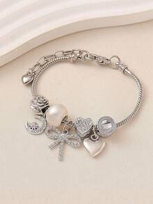 1pc Elegant Luxury Rhinestone Butterfly, Rose, Star, Moon, Heart Pendant Beaded Copper Bracelet, Suitable For Women's Party, Nightclub, Daily Wear, Valentine's Day, Birthday Gift