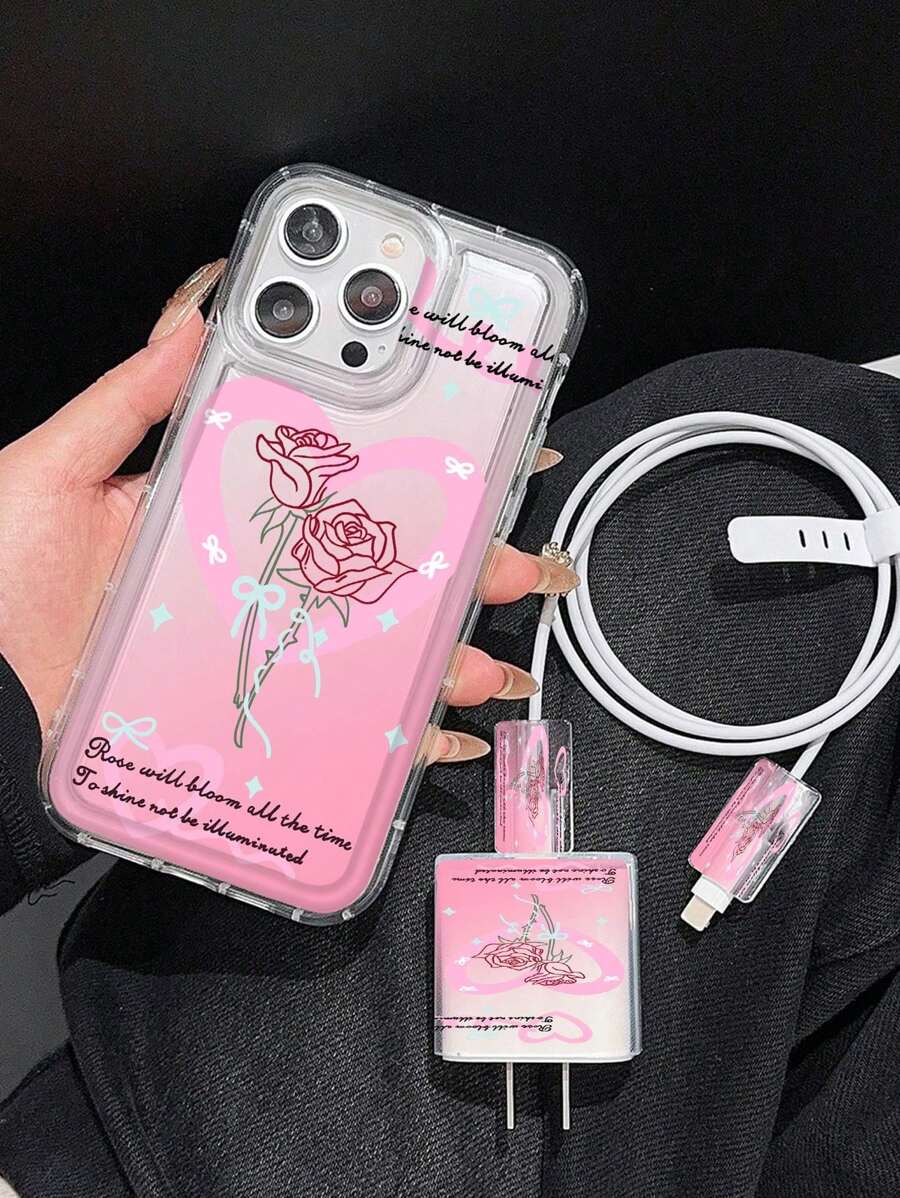 Heart Rose Air Cushion Phone Case + Charger Protector Cover + Cable Protector Compatible With IPhone, Fashion Design