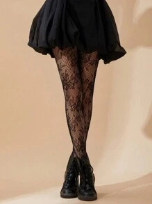 1pc High Elastic Vertical Striped Fishnet Tights, Fashion Sexy Black Mesh Pantyhose For Halloween Costume